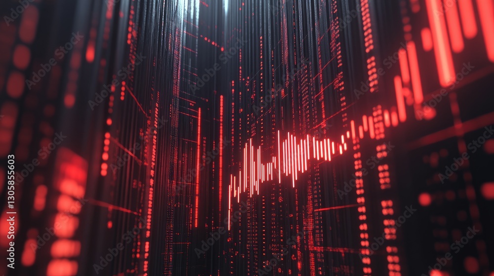 Poster investment potential symbolized by a futuristic histogram and a sharp red arrow pointing up.