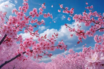 Charming Cherry Blossoms Blooming in a Refreshing Sky Blue Background
