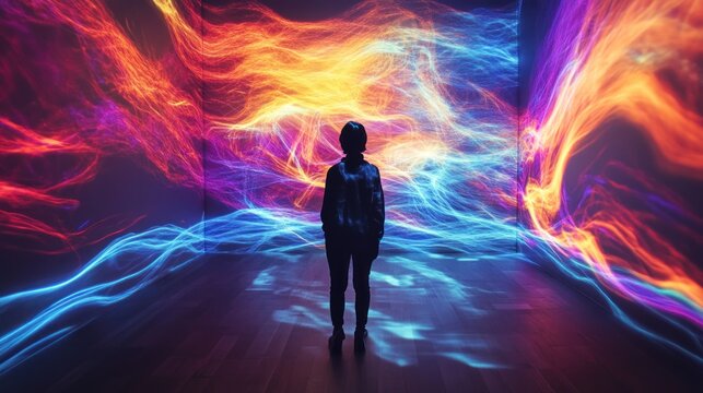 Child observing swirling colorful light projections in dark room