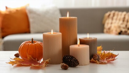 burning candles with autumn decor on white table at home