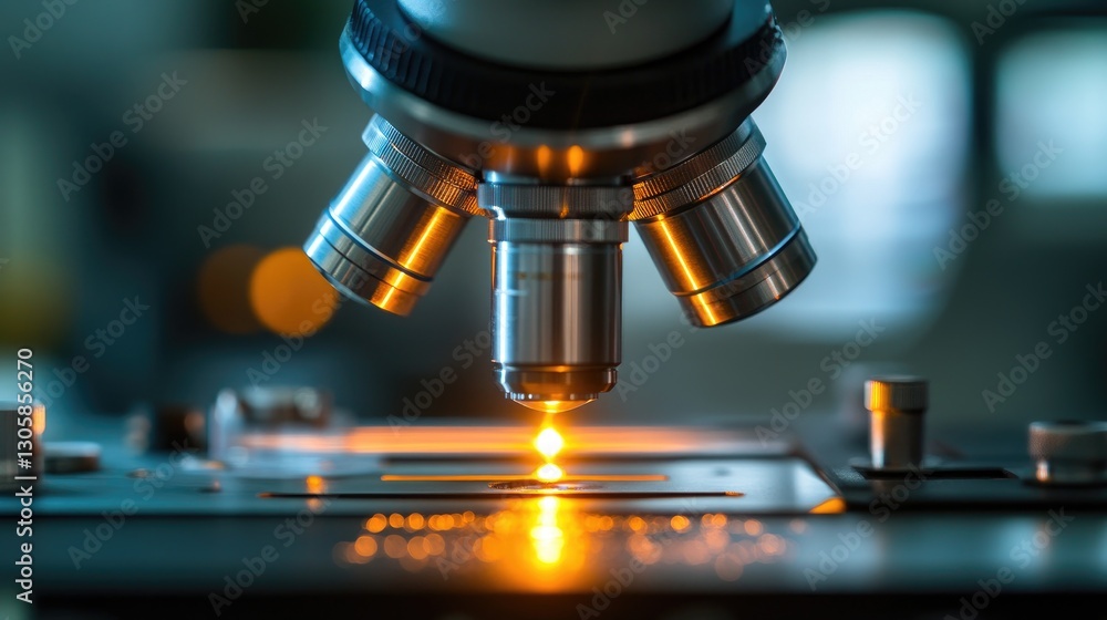 Poster microscope examining a small part for quality defects under bright lighting.