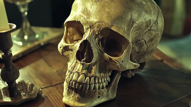 Skull displayed on a wooden table surrounded by antique objects in a dimly lit room
