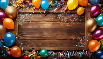 Colorful carnival or party frame of balloons, streamers and confetti on rustic wooden board