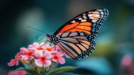 Obraz premium Butterfly resting on a flower, soft focus on delicate wings