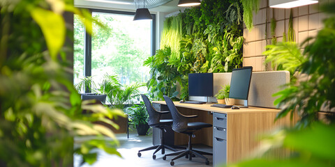 Office Workspace Surrounded by Green Plants and Computers

