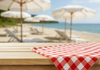 food and drink design ads with summer vacation themes. ai generated, Red and white checkered cloth neatly placed on a wooden table with a blurred seaside resort in the background.