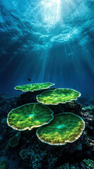 Lush coral reef teeming with marine life in the clear blue ocean water under bright sunlight