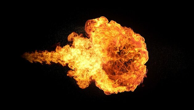 High Speed Fire ball explosion towards to camera, cross frame ahead transition, slow motion fire flamethrower isolated on black background with alpha channel, perfect for cinema, digital composition.