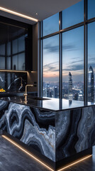 Elegant urban kitchen with black marble sink tile accents sleek cabinetry and sweeping view of the city skyline from a high rise apartment window Interior Design Idea Inspiration