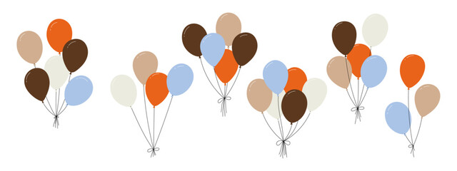 Bundle of colorful balloons with strings, floating party decoration in simple doodle style, birthday celebration icon. Flat vector illustration isolated on white background. © Viktoria