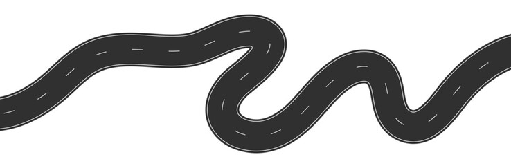 Winding road top view, curved highway path with lane markings, long trip route map, wavy street track design. Flat vector illustration isolated on white background.