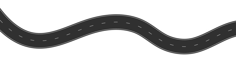 Winding road top view, curved highway path with lane markings, long trip route map, wavy street track design. Flat vector illustration isolated on white background.
