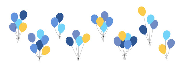 Bundle of balloons with strings, simple doodle outline, floating party decoration for birthday celebration. Flat vector illustration isolated on white background. © Viktoria