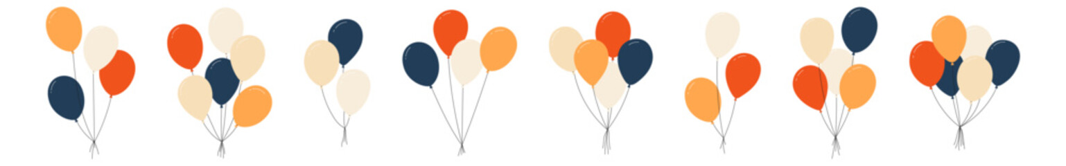 Bundle of balloons with strings, simple doodle outline, floating party decoration for birthday celebration. Flat vector illustration isolated on white background. © Viktoria