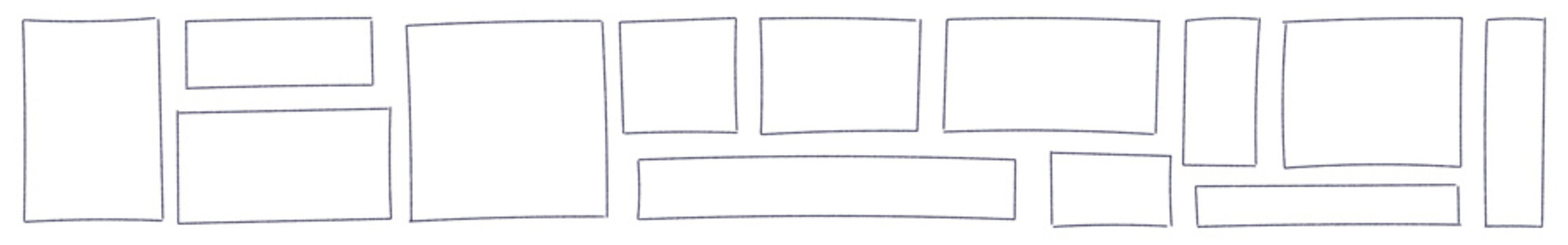 Hand drawn rectangular frame with rough brush strokes, sketchy pencil and marker border, scribbled square box outline. Flat vector illustration isolated on white background.