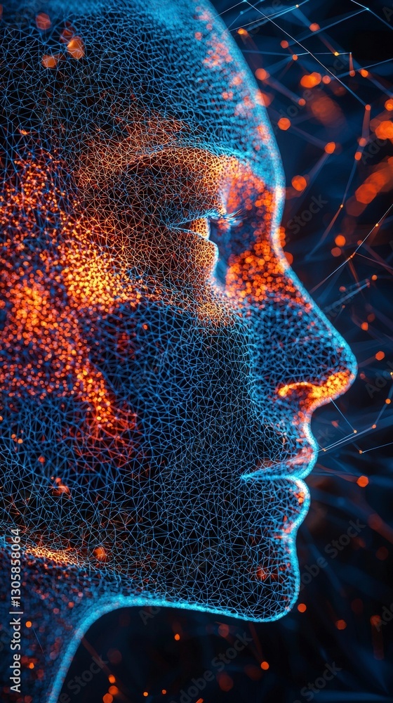 Poster digital face with blue and orange network patterns