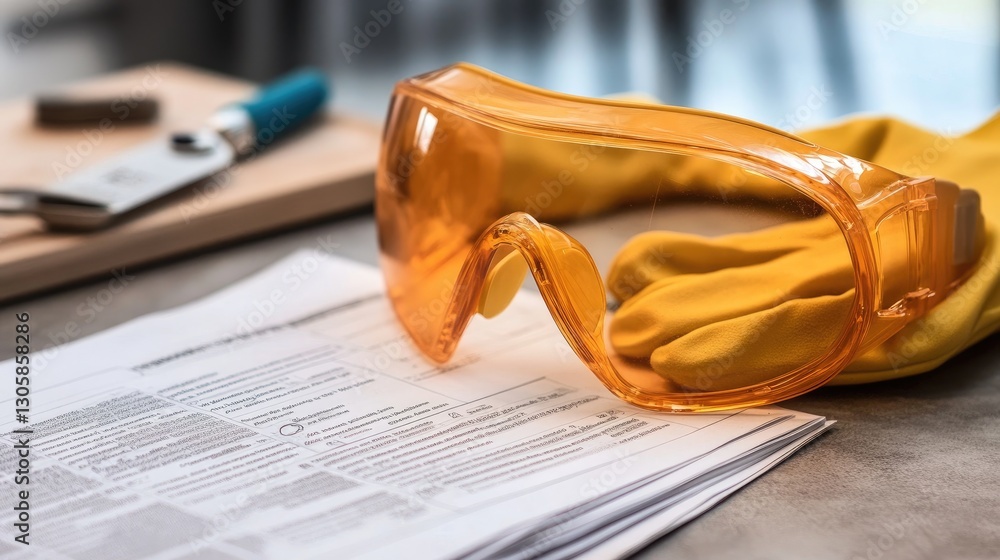 Poster safety goggles and gloves next to a product testing manual on a workbench.