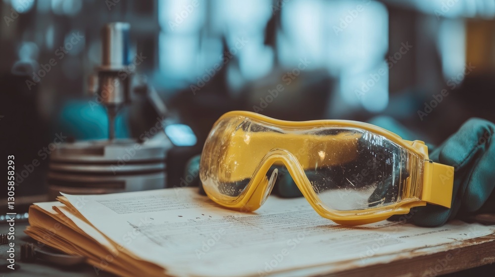 Poster safety goggles and gloves next to a product testing manual on a workbench.