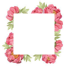 Floral frame with pink peonies and leaves