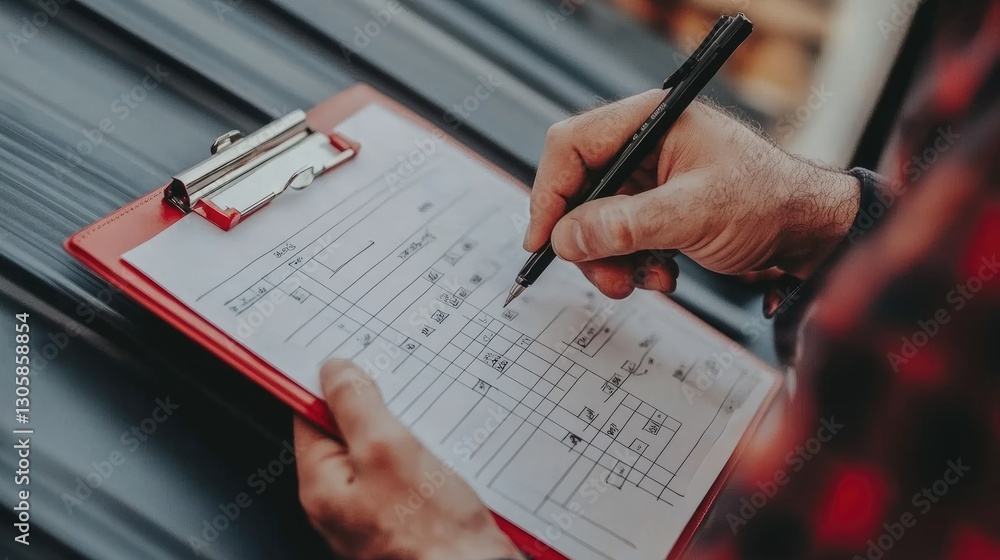 Poster site foreman's clipboard with job assignments and deadlines neatly listed and highlighted.