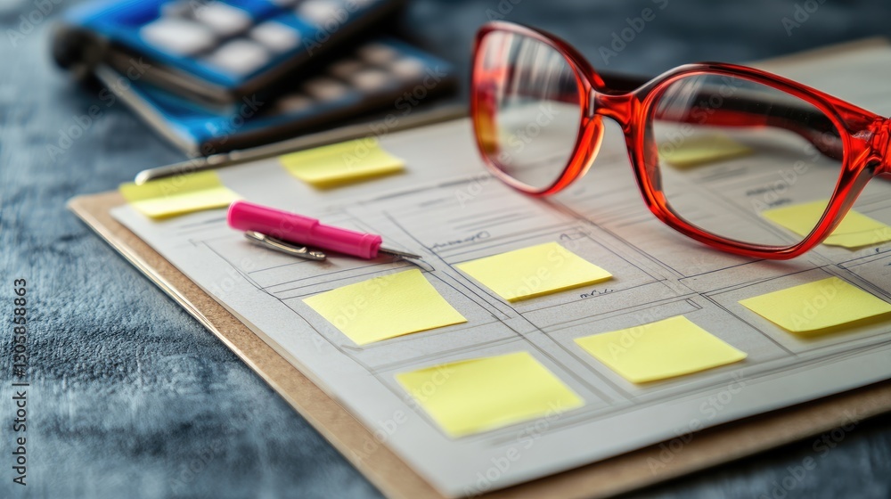 Poster site foreman's clipboard with job assignments and deadlines neatly listed and highlighted.