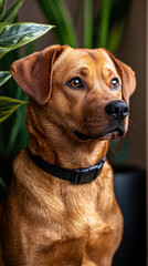 Obraz premium Playful dog in a lush green environment surrounded by vibrant plants, showcasing a natural setting