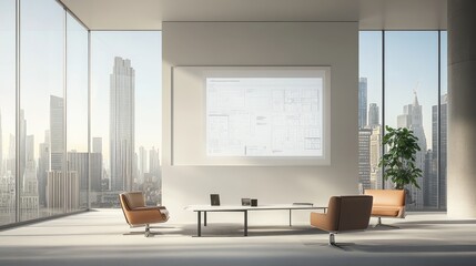Site meeting setup with a projector displaying project plans on a white screen.