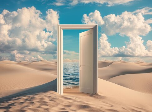 Fototapeta A door opens to the desert, and we see an ocean in front of us