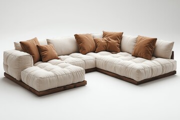 Modern L-shaped cream linen fabric sofa with chaise longue, large armrests and backrest, minimalist living room interior.