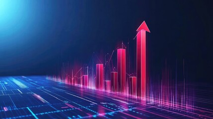 Smart financial planning with a futuristic histogram and a glowing red business growth arrow.