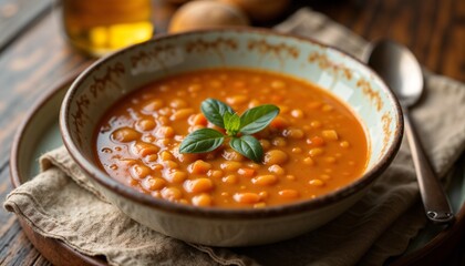 Delicious lentil soup garnished with fresh basil in a rustic bowl
