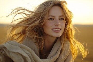 Fototapeta premium Golden Hour Outdoor Portrait: Smiling Woman with Flowing Hair in Natural Light and Bohemian Look