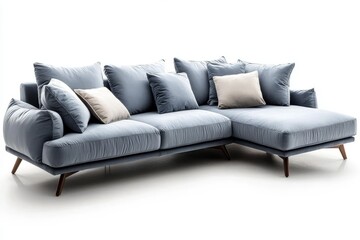 Fototapeta premium Modern light gray velvet fabric sofa with chaise lounge, side view, isolated on a white background.