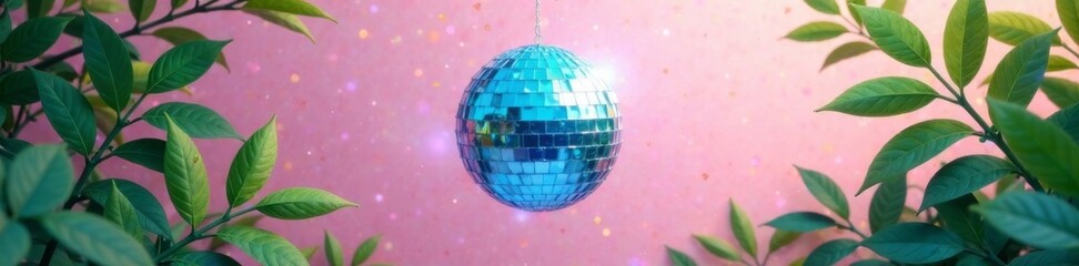 Obraz premium Sparkling blue disco ball surrounded by lush green foliage and branches against a soft pink pastel background, branches, theme