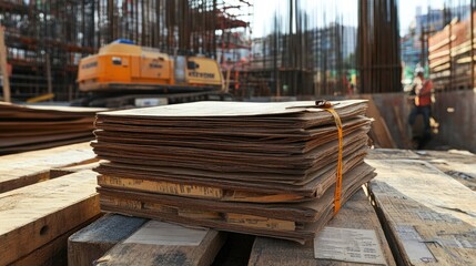 Stack of construction progress reports and tracking sheets at a project site.