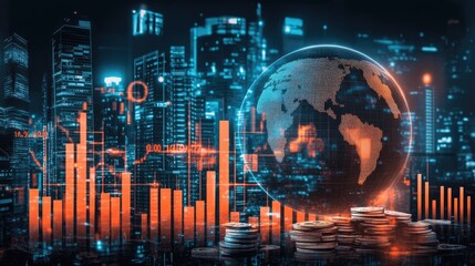 Fototapeta premium Stock market fluctuations represented with a digital globe, financial graphs, and stacked currency.