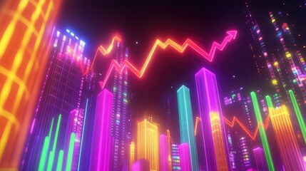 Stock trading performance illustrated with glowing economic indicators, a histogram, and an ascending red arrow.