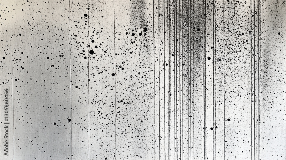 Poster an abstract image featuring splatters and drips of black paint on a textured white background, creat