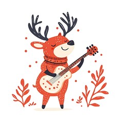 Reindeer Playing Guitar Festive Holiday Illustration.