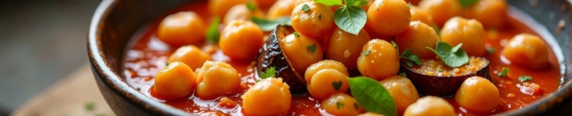 Steaming hot chickpeas and sliced eggplant in a rich tomato sauce, curry, plate