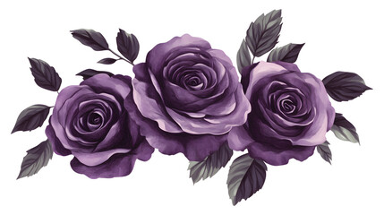 Three purple roses are arranged in a row, with one in the middle