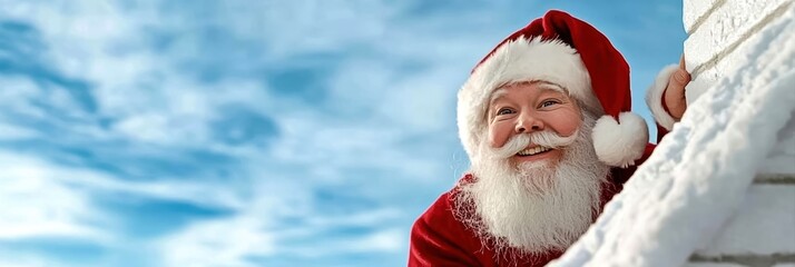 Jolly Santa Claus smiling cheerfully while peeking over a snowy roof against a bright blue sky.