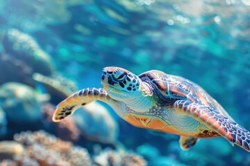 Fototapeta premium Colorful sea turtle swimming gracefully underwater