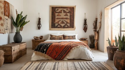 African-themed room with tribal prints, woven textiles, earthy tones, and natural wood elements for an earthy and rustic atmosphere