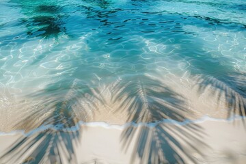 Serene beach with palm shadows on calm water