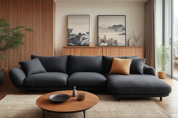 Black fabric three-seater sofa with chaise longue in a Nordic-style living room. European retro and American modernist elements create a warm, elegant space with soft textures and dawn light.