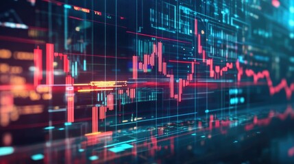 Fototapeta premium Wealth and investment growth represented by a digital bar chart and an upward red trend line.