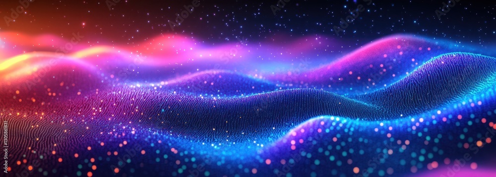 Poster vibrant abstract digital waves with colorful lights and glowing particles in motion for background a