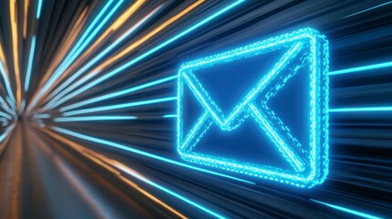 Fototapeta premium Neon Email Icon in Motion with Bright Light Trails in Background
