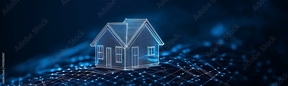 Poster a futuristic housing market concept featuring blockchain technology in a digital image.